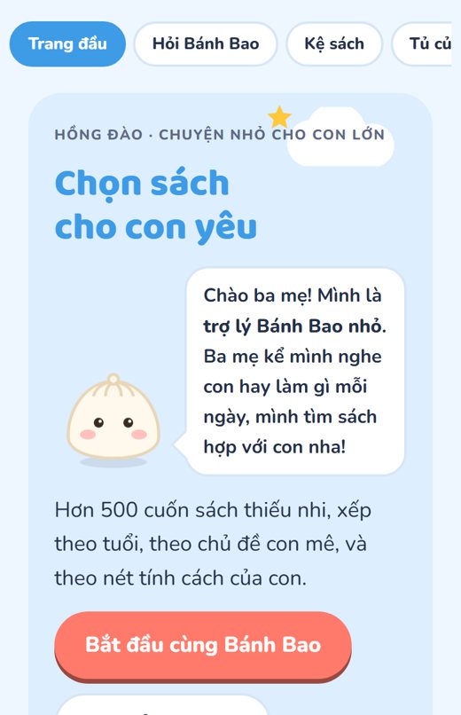 Màn hình đầu của app Chọn sách cho con yêu, có trợ lý Bánh Bao nhỏ