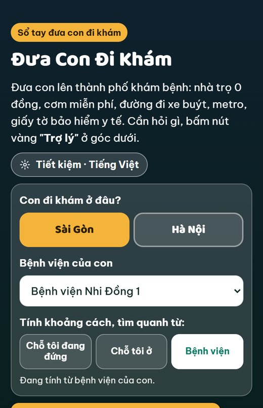 Màn hình đầu của app Đưa Con Đi Khám: chọn Sài Gòn hay Hà Nội, chọn bệnh viện của con