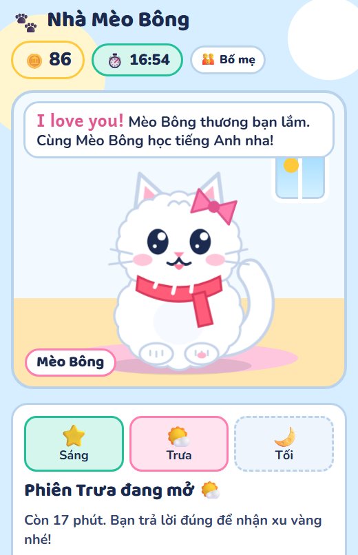 Màn hình app Mèo Bông: bé mèo trắng đeo nơ hồng và khăn quàng đỏ trong căn phòng nhỏ, bên dưới là các phiên học sáng, trưa, tối
